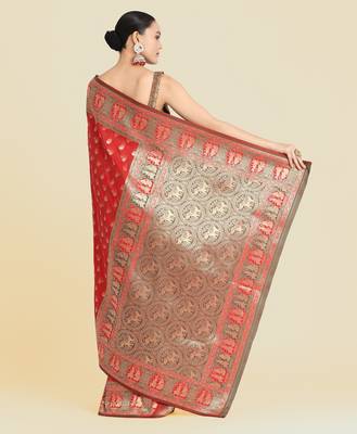 red silk blend banarasi jacuard work saree with unstitched blouse piece 3