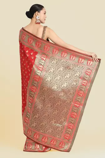 red silk blend banarasi jacuard work saree with unstitched blouse piece