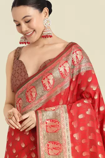 red silk blend banarasi jacuard work saree with unstitched blouse piece