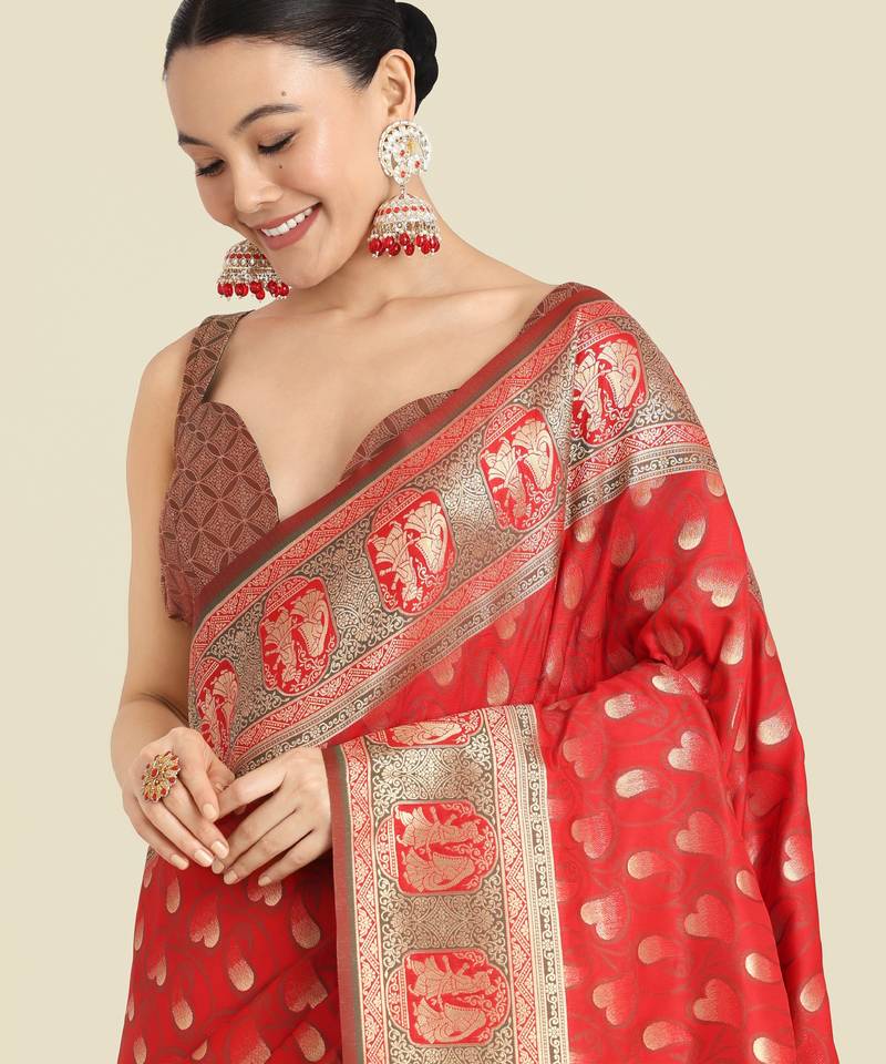 red silk blend banarasi jacuard work saree with unstitched blouse piece