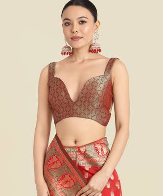 red silk blend banarasi jacuard work saree with unstitched blouse piece 5