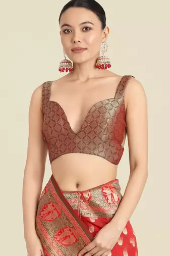 red silk blend banarasi jacuard work saree with unstitched blouse piece