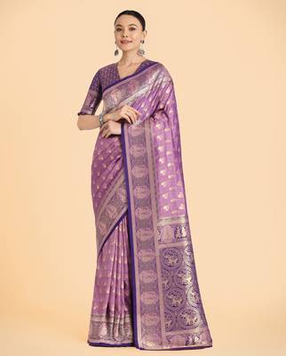 lavender silk blend banarasi jacuard work saree with unstitched blouse piece 1