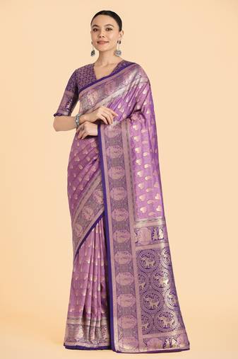 lavender silk blend banarasi jacuard work saree with unstitched blouse piece