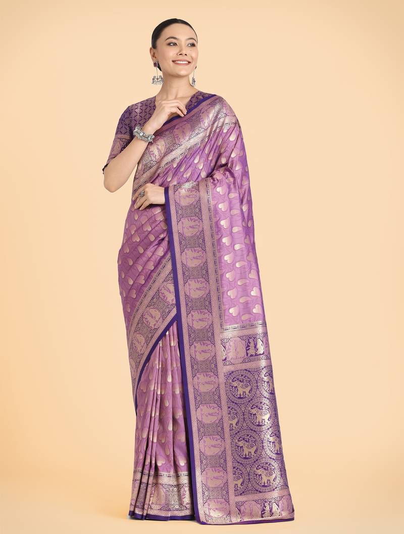 lavender silk blend banarasi jacuard work saree with unstitched blouse piece