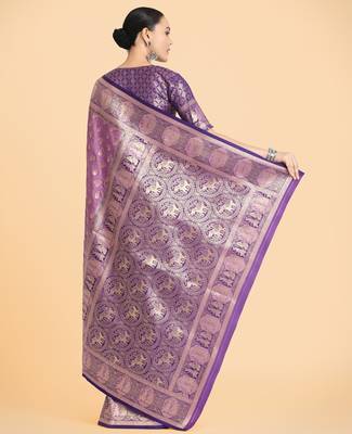 lavender silk blend banarasi jacuard work saree with unstitched blouse piece 3
