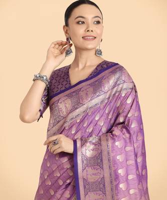 lavender silk blend banarasi jacuard work saree with unstitched blouse piece 4