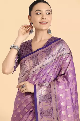 lavender silk blend banarasi jacuard work saree with unstitched blouse piece