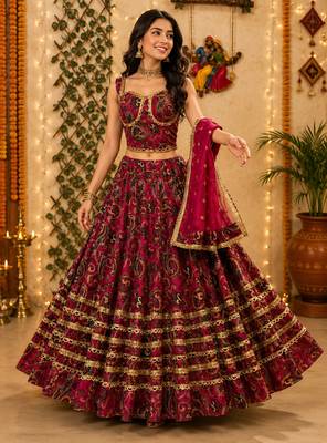 Magenta Pure Vatican Cotton Lehenga Choli with Heavy Mirror Lace  1