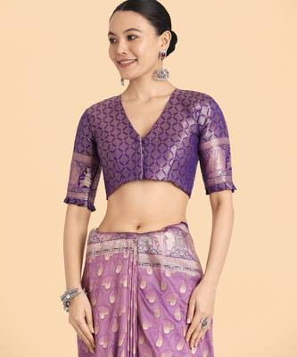 lavender silk blend banarasi jacuard work saree with unstitched blouse piece 5