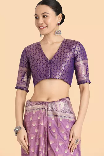 lavender silk blend banarasi jacuard work saree with unstitched blouse piece