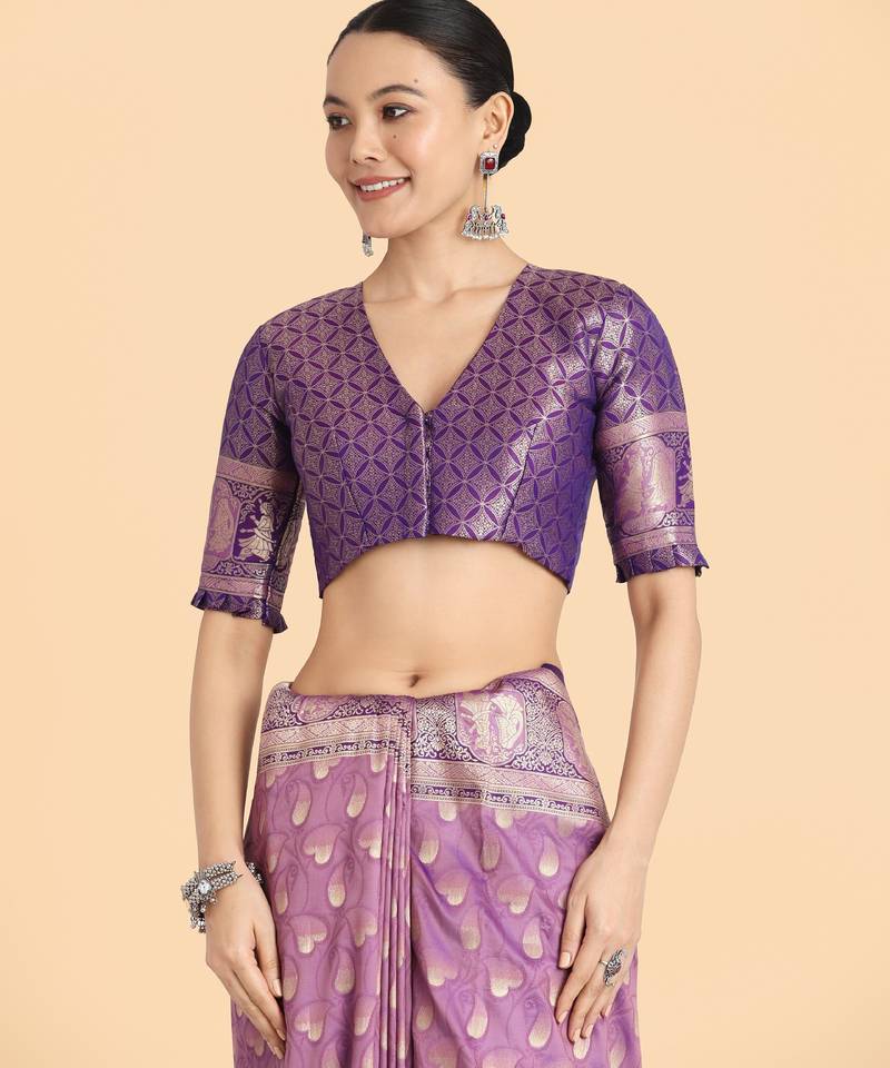 lavender silk blend banarasi jacuard work saree with unstitched blouse piece