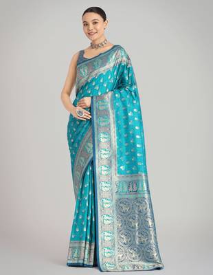 rama silk blend banarasi jacuard work saree with unstitched blouse piece 1