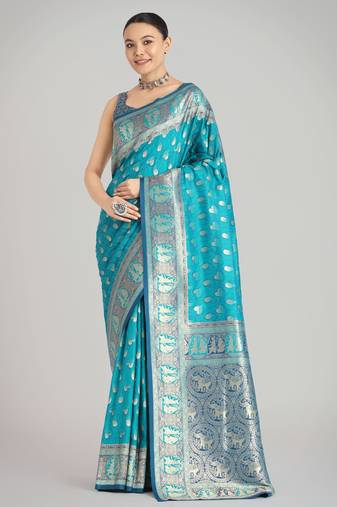 rama silk blend banarasi jacuard work saree with unstitched blouse piece