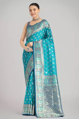 rama silk blend banarasi jacuard work saree with unstitched blouse piece