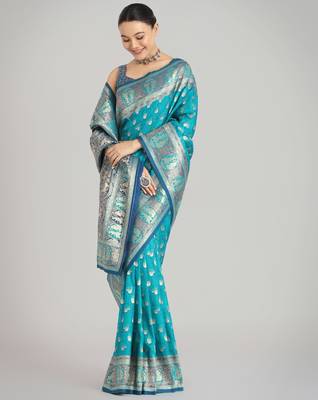rama silk blend banarasi jacuard work saree with unstitched blouse piece 2