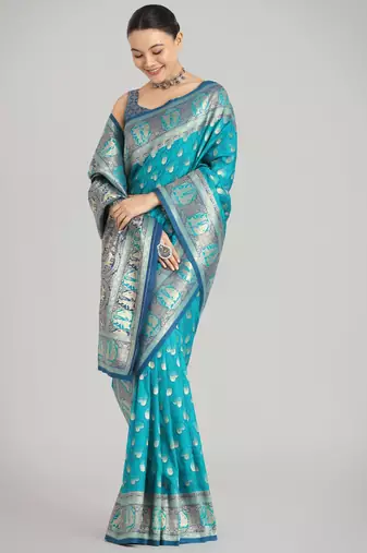 rama silk blend banarasi jacuard work saree with unstitched blouse piece