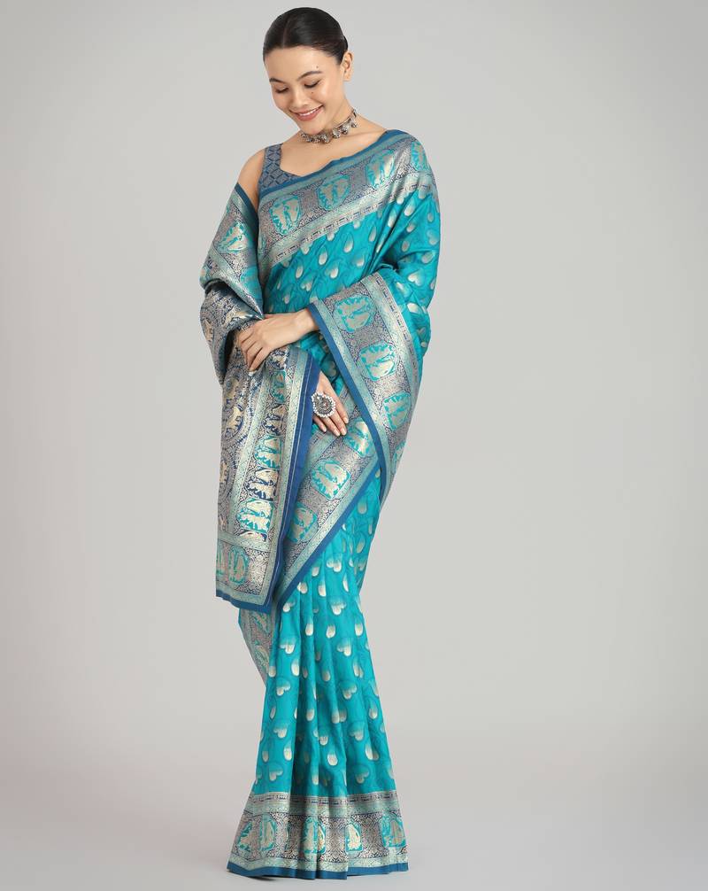 rama silk blend banarasi jacuard work saree with unstitched blouse piece