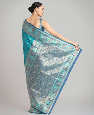 rama silk blend banarasi jacuard work saree with unstitched blouse piece 3