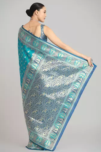 rama silk blend banarasi jacuard work saree with unstitched blouse piece