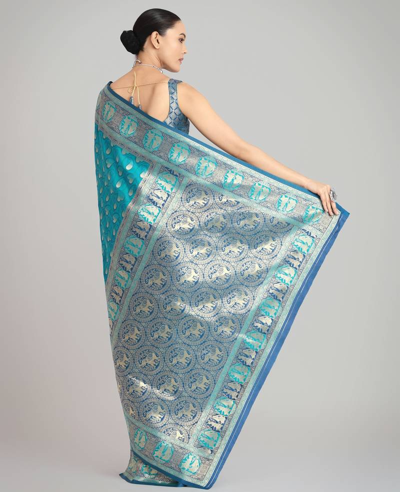 rama silk blend banarasi jacuard work saree with unstitched blouse piece