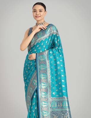 rama silk blend banarasi jacuard work saree with unstitched blouse piece 4