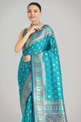 rama silk blend banarasi jacuard work saree with unstitched blouse piece