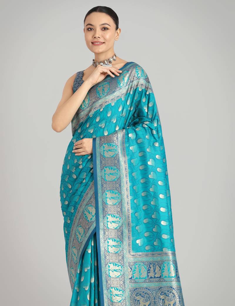 rama silk blend banarasi jacuard work saree with unstitched blouse piece