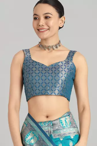 rama silk blend banarasi jacuard work saree with unstitched blouse piece