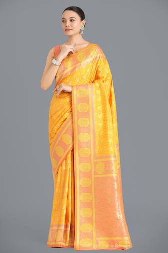 yellow silk blend banarasi jacuard work saree with unstitched blouse piece