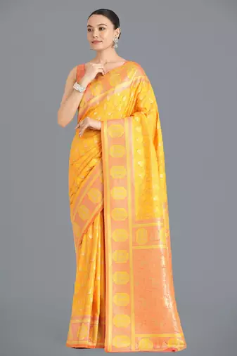 yellow silk blend banarasi jacuard work saree with unstitched blouse piece
