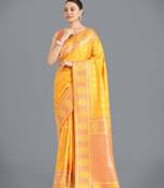 yellow silk blend banarasi jacuard work saree with unstitched blouse piece