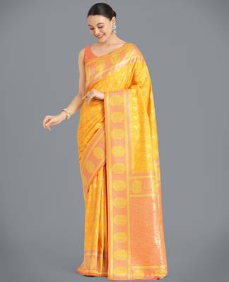yellow silk blend banarasi jacuard work saree with unstitched blouse piece 2
