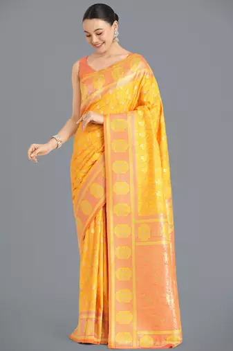 yellow silk blend banarasi jacuard work saree with unstitched blouse piece