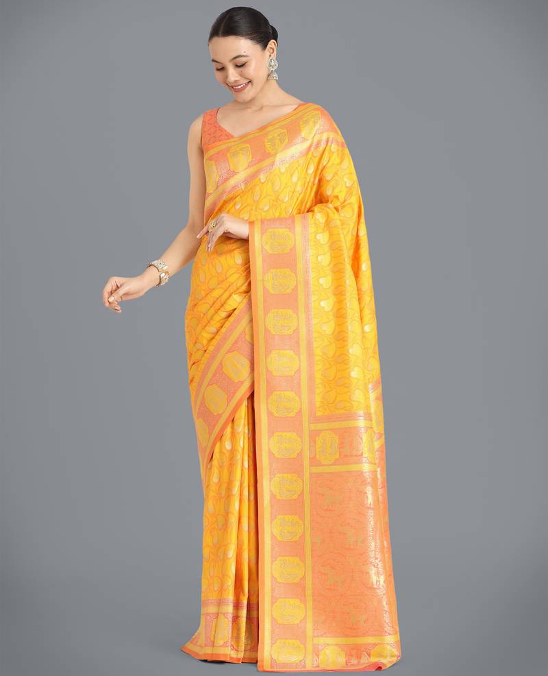 yellow silk blend banarasi jacuard work saree with unstitched blouse piece