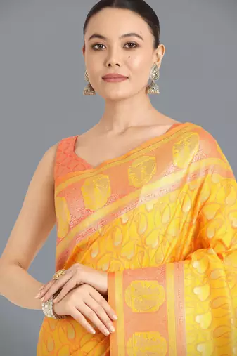 yellow silk blend banarasi jacuard work saree with unstitched blouse piece