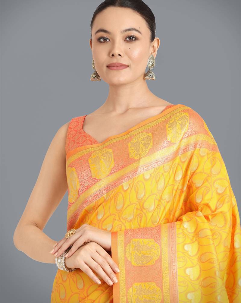 yellow silk blend banarasi jacuard work saree with unstitched blouse piece
