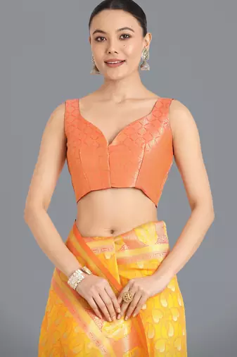 yellow silk blend banarasi jacuard work saree with unstitched blouse piece