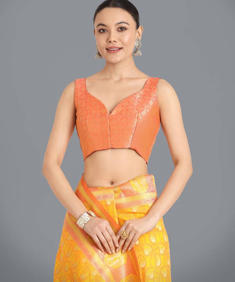 yellow silk blend banarasi jacuard work saree with unstitched blouse piece