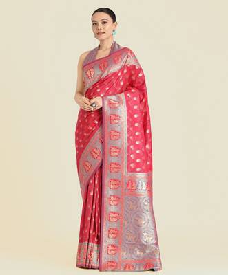 pink silk blend banarasi jacuard work saree with unstitched blouse piece 1