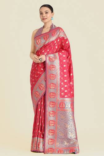 pink silk blend banarasi jacuard work saree with unstitched blouse piece