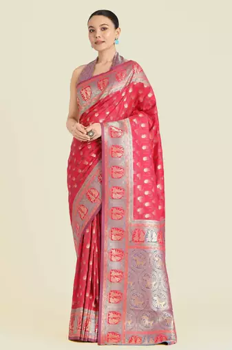 pink silk blend banarasi jacuard work saree with unstitched blouse piece