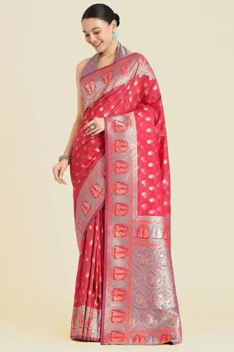 pink silk blend banarasi jacuard work saree with unstitched blouse piece