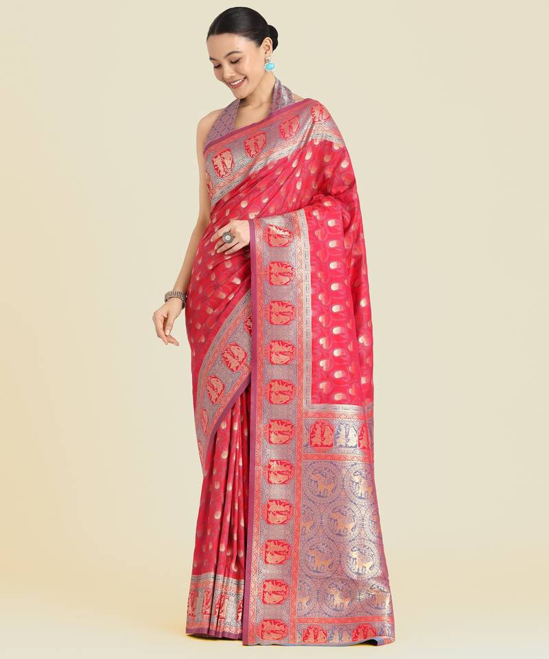 pink silk blend banarasi jacuard work saree with unstitched blouse piece