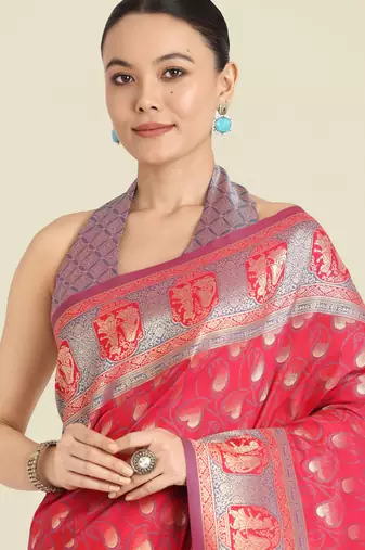 pink silk blend banarasi jacuard work saree with unstitched blouse piece
