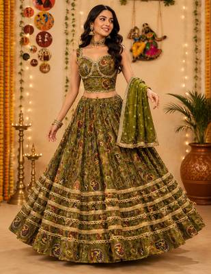 Olive Pure Vatican Cotton Lehenga Choli with Heavy Mirror Lace  1