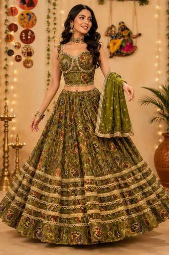 Olive Pure Vatican Cotton Lehenga Choli with Heavy Mirror Lace 