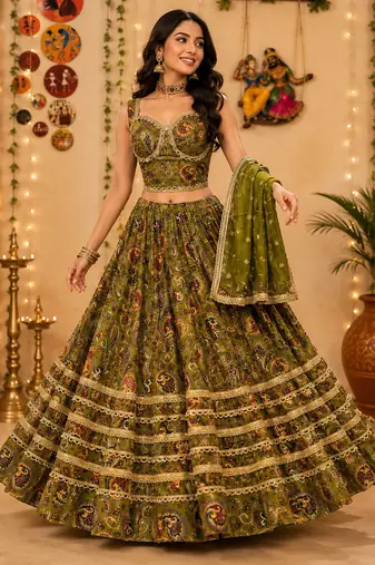 Olive Pure Vatican Cotton Lehenga Choli with Heavy Mirror Lace 