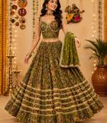 Olive Pure Vatican Cotton Lehenga Choli with Heavy Mirror Lace 