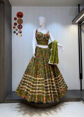 Olive Pure Vatican Cotton Lehenga Choli with Heavy Mirror Lace  2